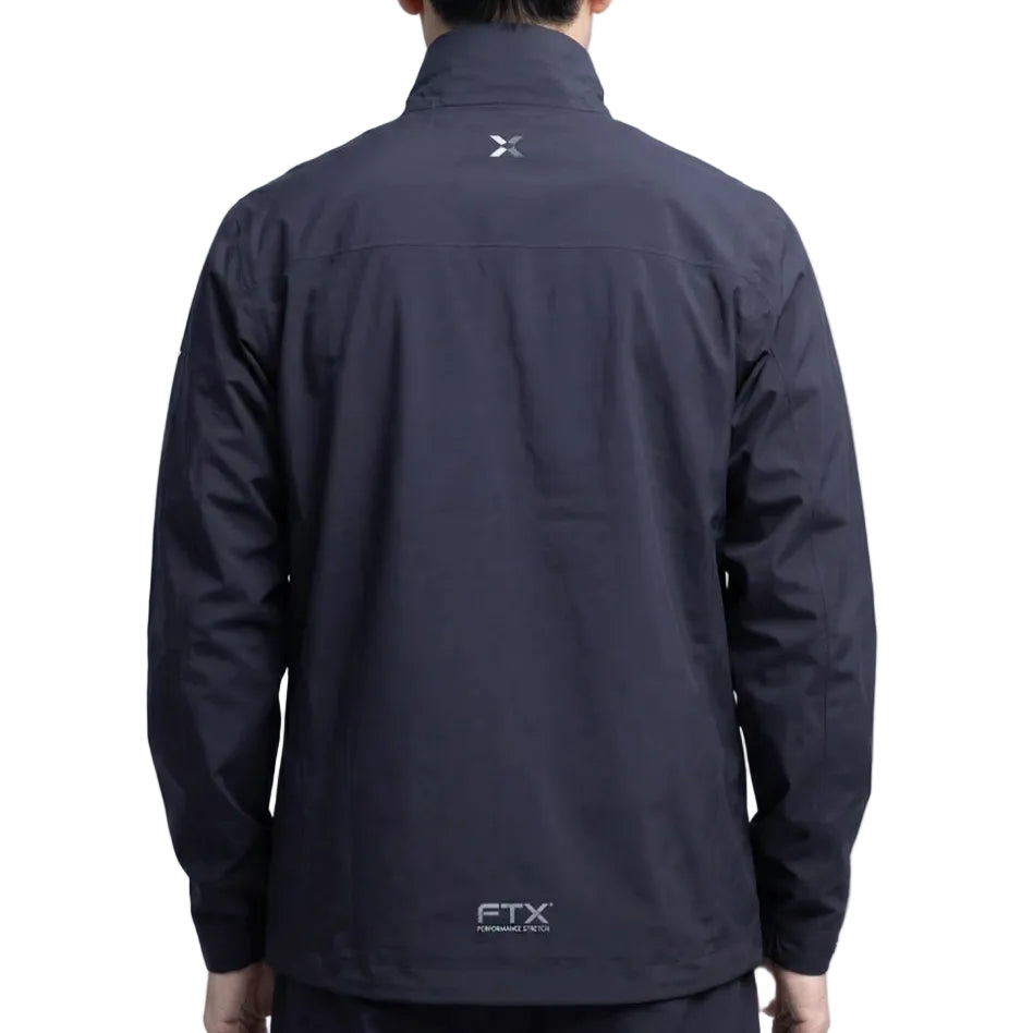 man wearing waterproof black golf jacket
