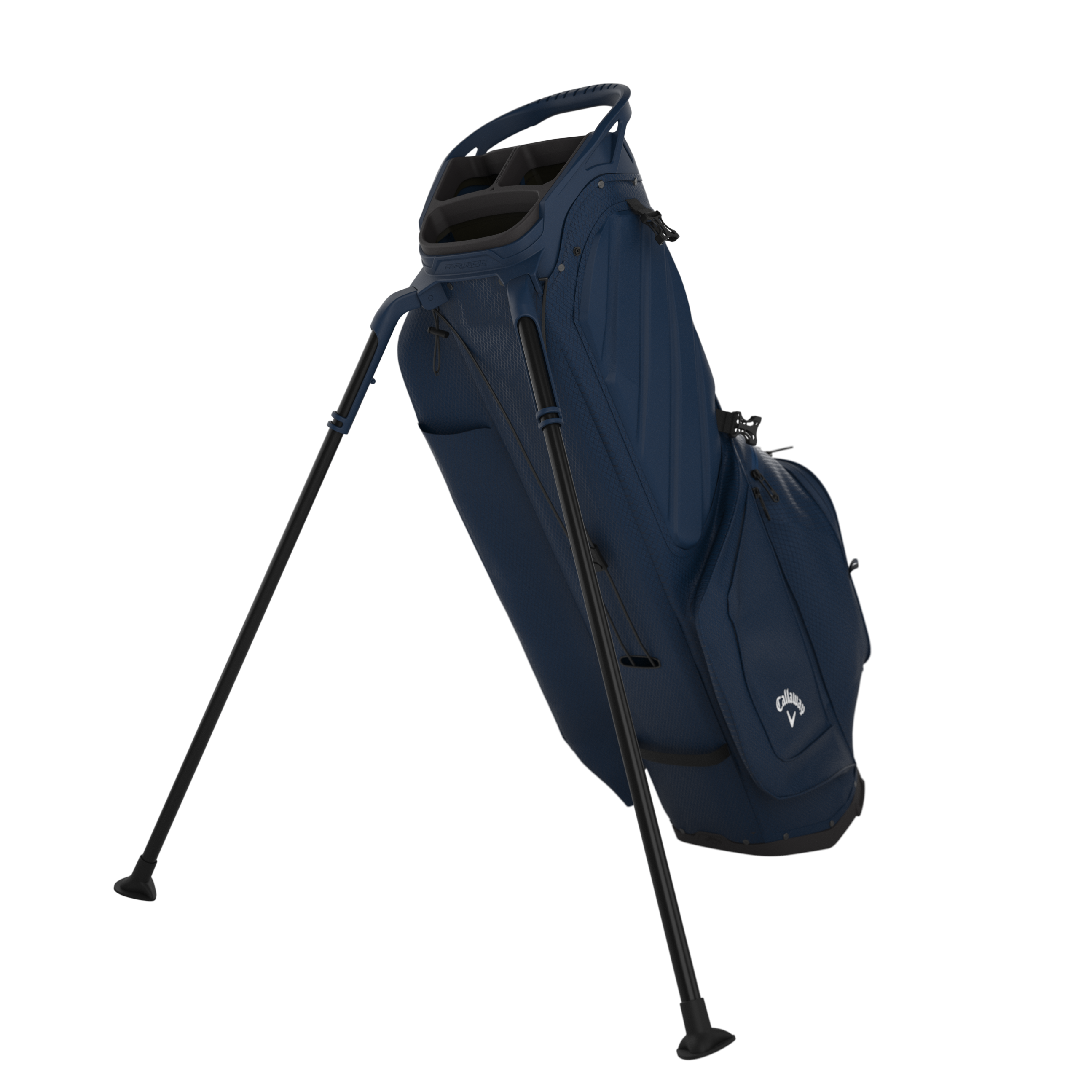 Navy blue golf bag with stand on a white background