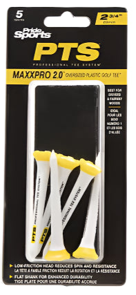 Pack of PTS MaxxPro 2.0 golf tees with black and yellow packaging on a white background