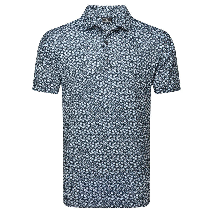 Blue floral patterned polo shirt on a white background