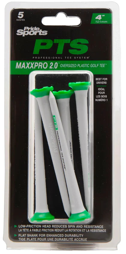 Packaged golf tees with green caps and PTS branding on a white background