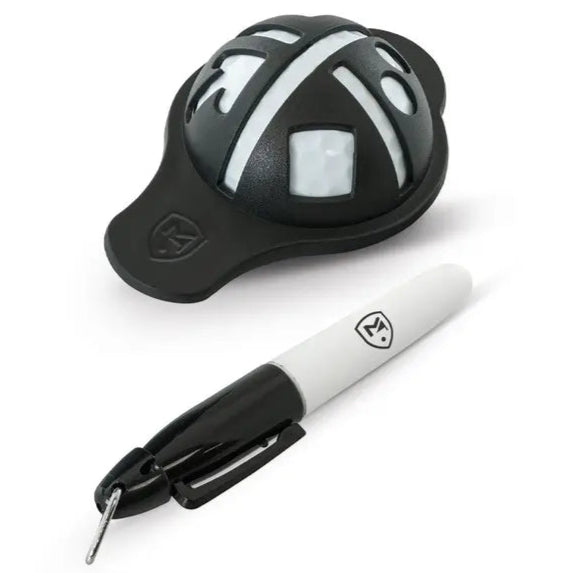 Black and white tool with a small attached device on a white background