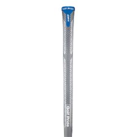 Golf club grip with blue and silver design on a white background