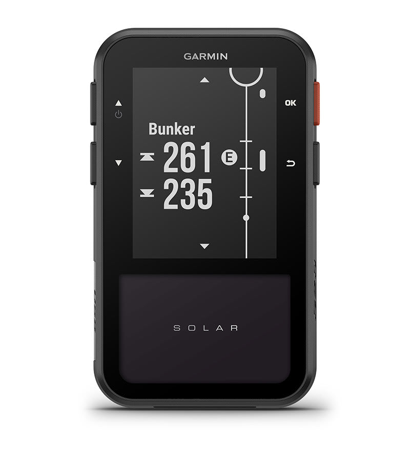A Garmin Approach G20 Solar GPS golf handheld device with a black casing, displaying a sunlight-readable screen showing yardages and course information.