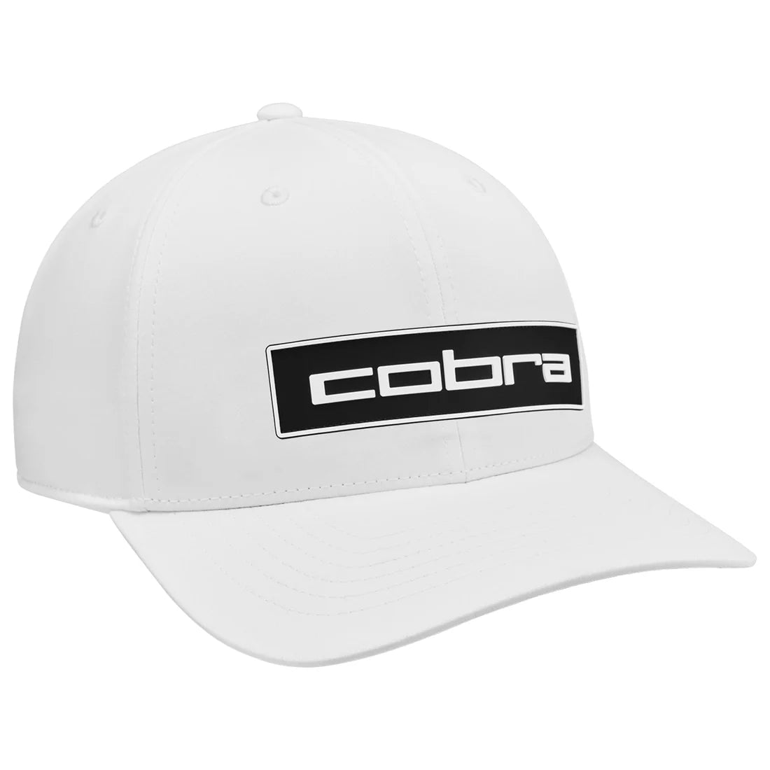 White cap with a black 'cobra' logo on a white background