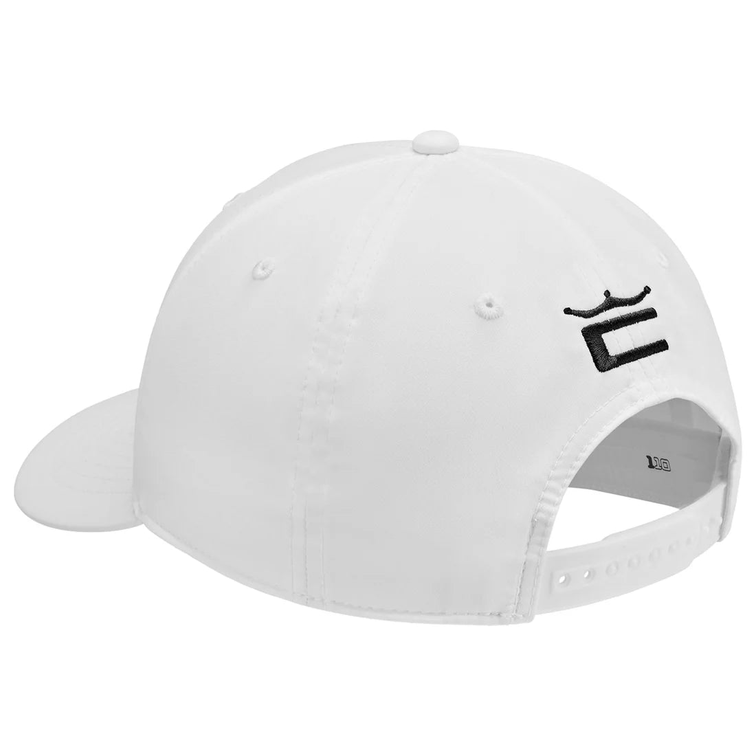 White cap with a black logo on a white background