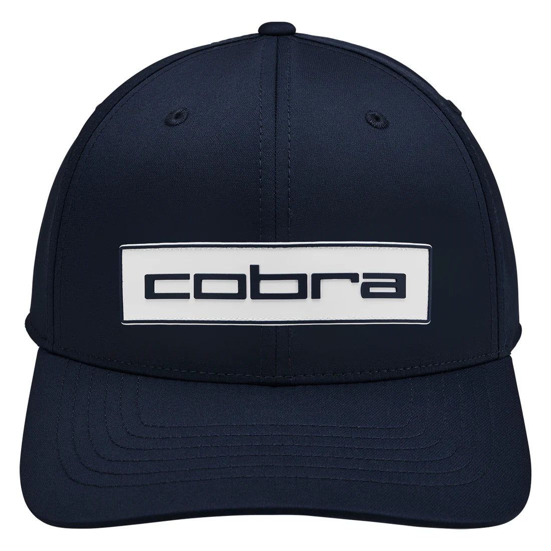 Navy blue cap with 'cobra' logo on a white background