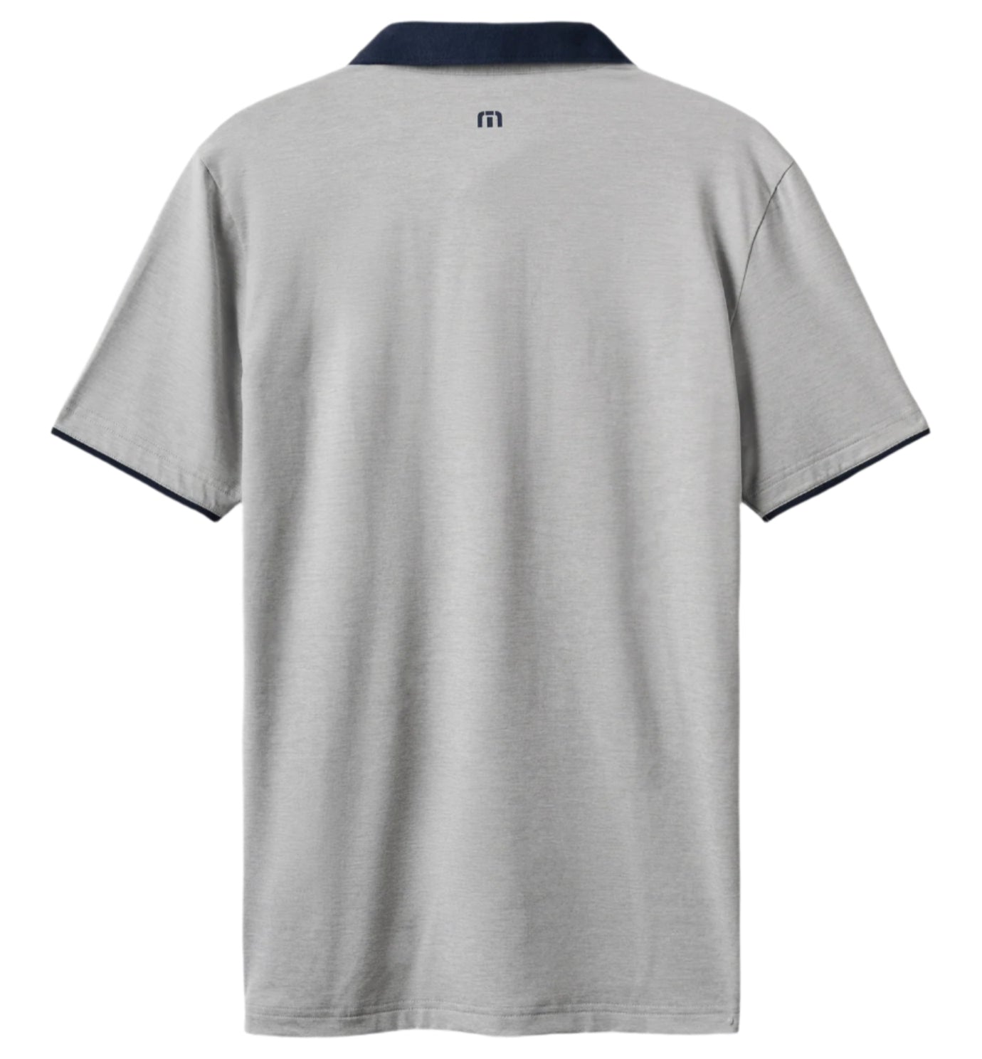 Gray polo shirt with navy trim on a white background