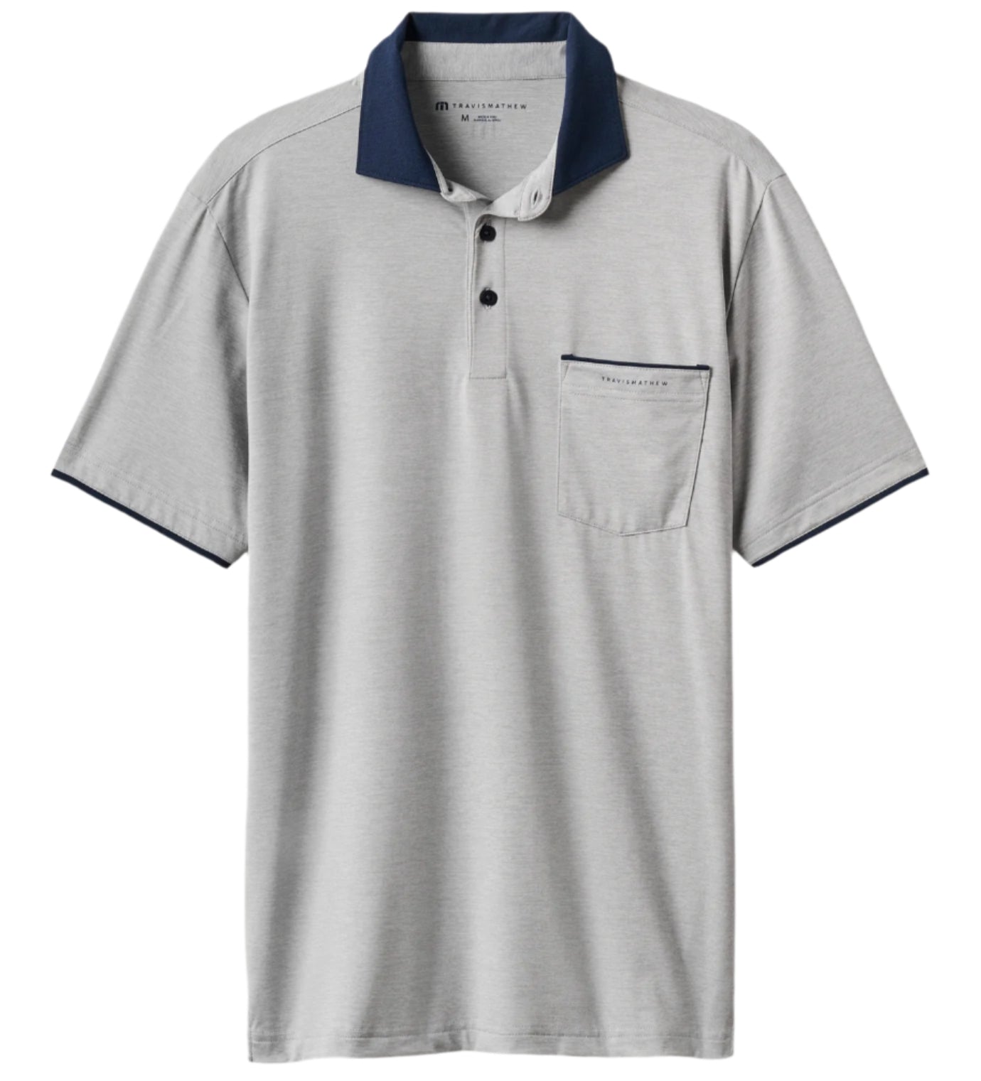 Gray polo shirt with navy collar on a white background