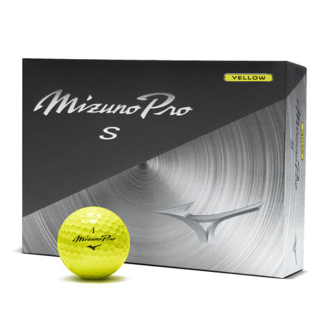Mizuno Pro S golf ball box with a yellow golf ball on a white background