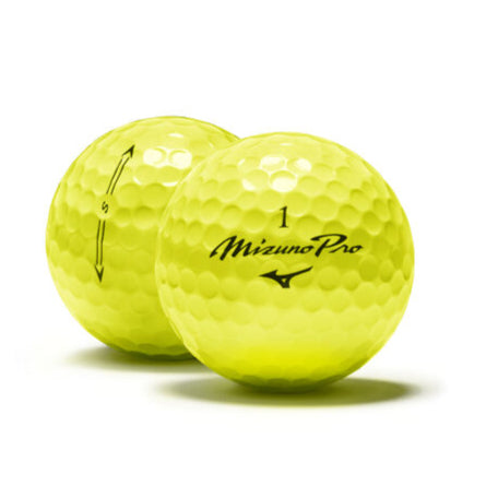 Two yellow golf balls with Mizuno Pro branding on a white background