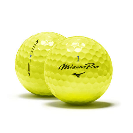 Two yellow golf balls with Mizuno Pro branding on a white background
