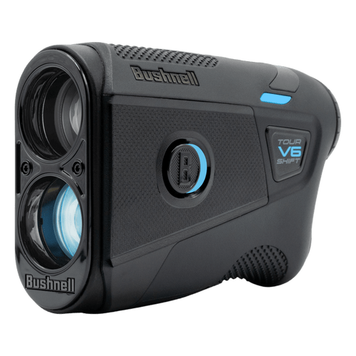 Bushnell Tour V6 Shift laser rangefinder with black and blue casing and buttons, and a blue lens.