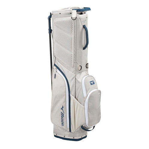 A Mizuno golf stand bag in light beige with navy blue and white accents, shown on a solid white background.