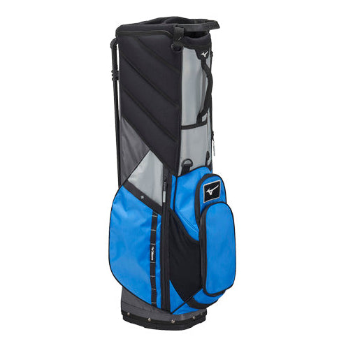 A Mizuno stand golf bag in blue, black, and gray, featuring multiple pockets and a telescoping handle, shown on a plain white background.