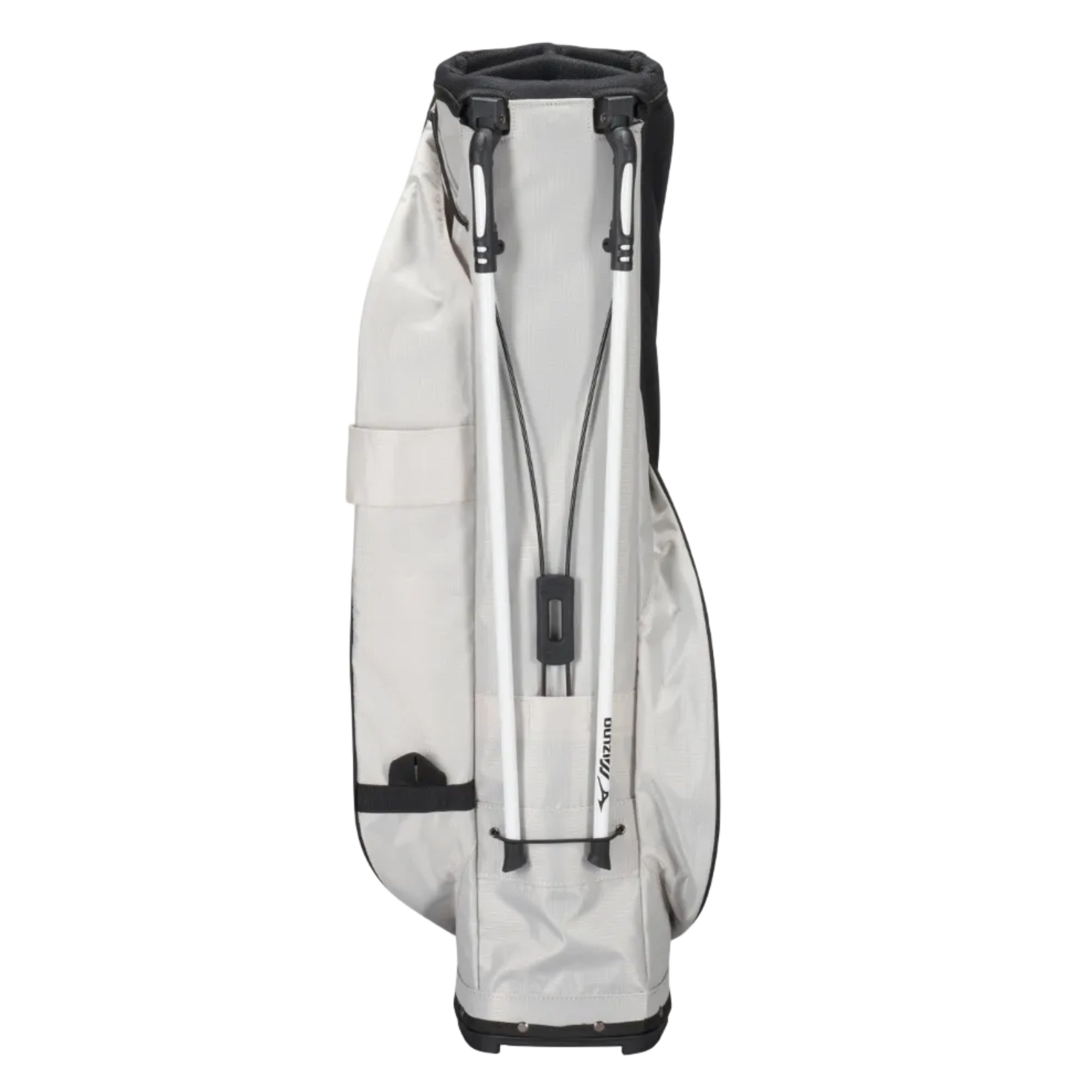 A light gray and black golf bag with a silver metal stand insert, shown against a plain white background.