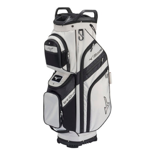 A Mizuno golf cart bag in white and black, featuring multiple zippered pockets, top handles, and a base, shown against a plain white background.