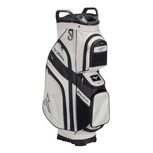 A Mizuno Blazer golf cart bag in white and black, featuring multiple zippered pockets and the signature Mizuno logo, shown on a plain white background.