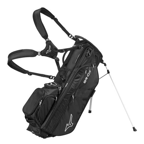 mizuno stand bag in black with white writing