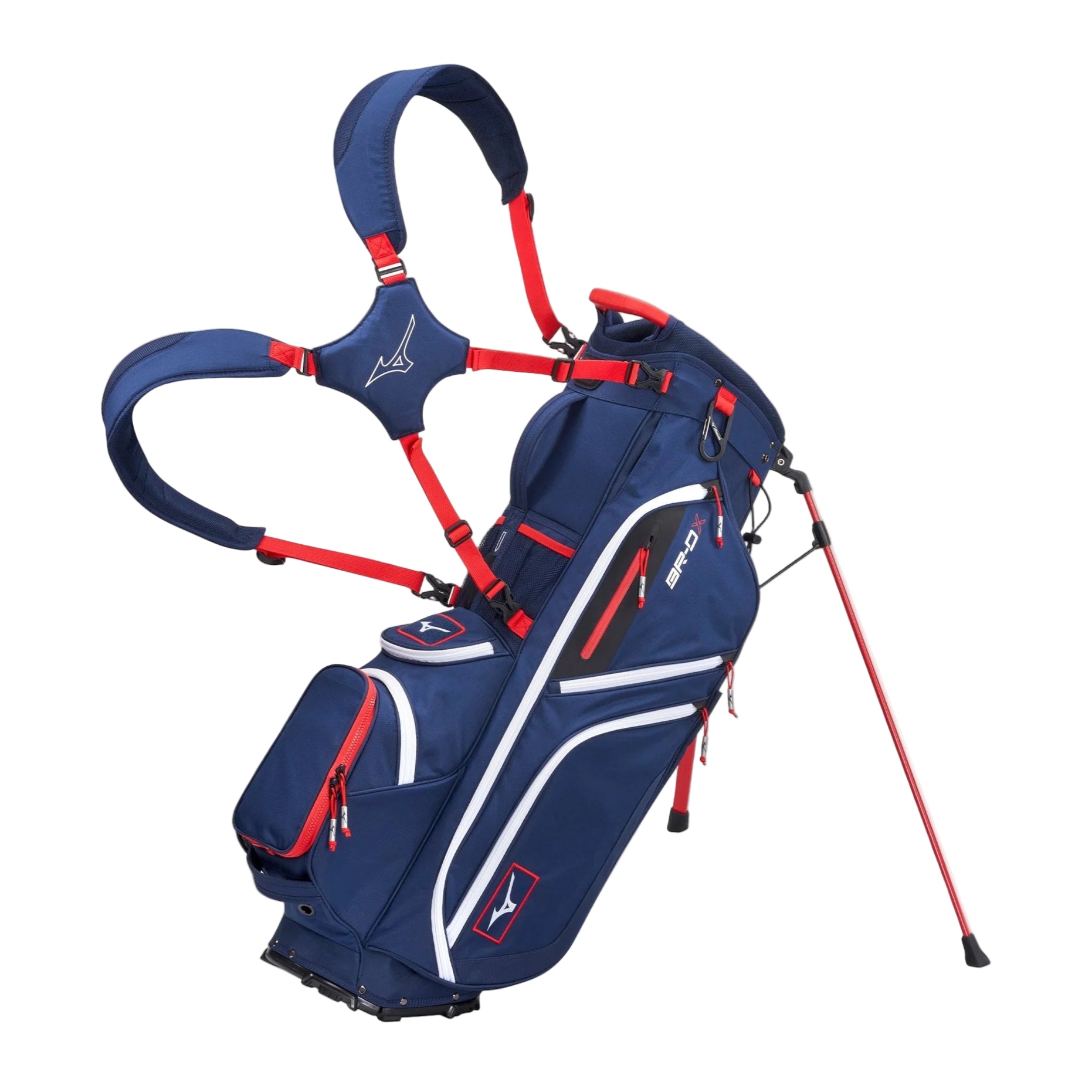 Blue and red golf bag with stand on a white background