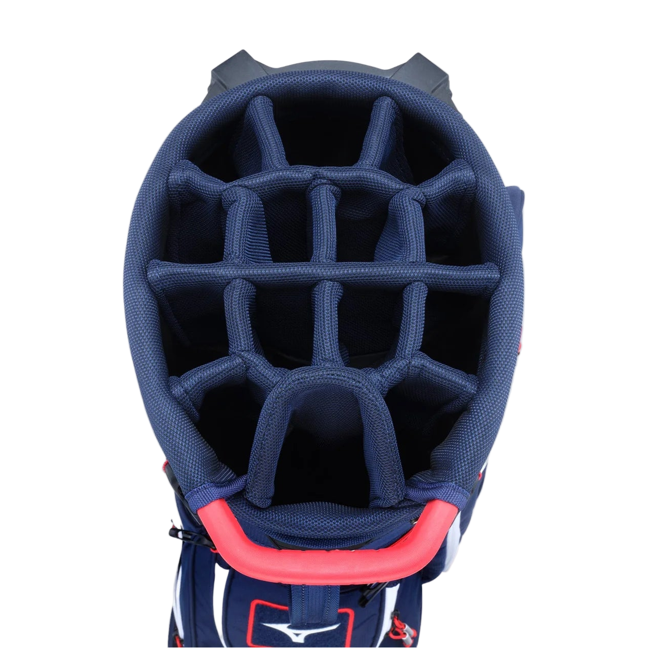 Navy golf bag with red accents on a white background