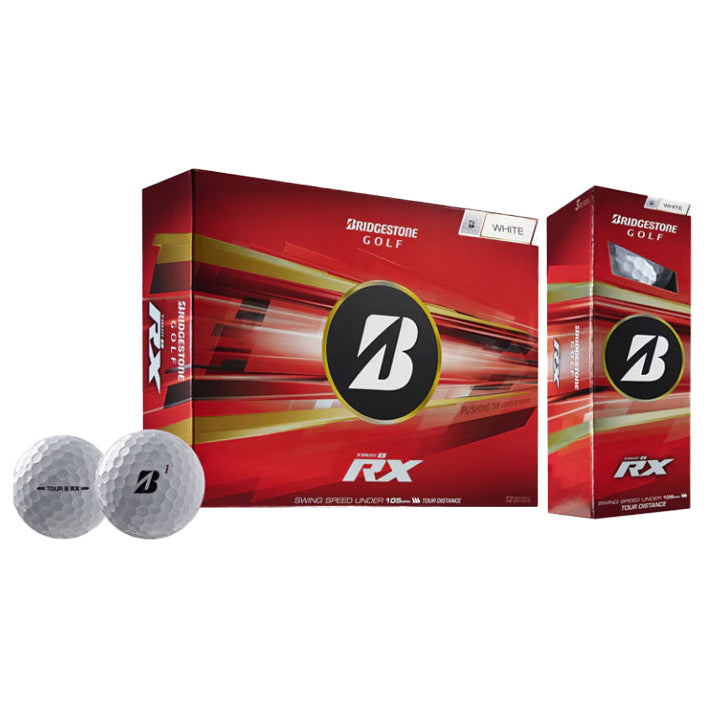 Two boxes of Bridgestone RX golf balls on a white background