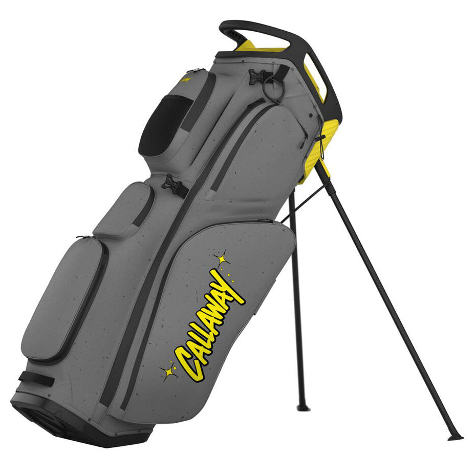 Gray golf bag with yellow Callaway logo on a white background