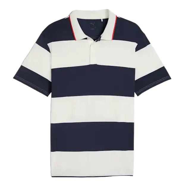Navy and white striped polo shirt on a white background