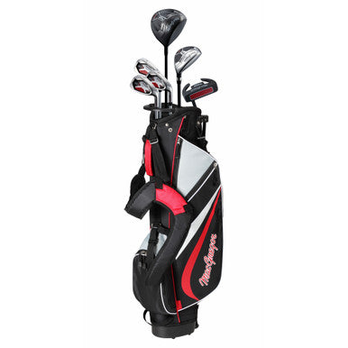 Golf club set with black and red bag on a white background