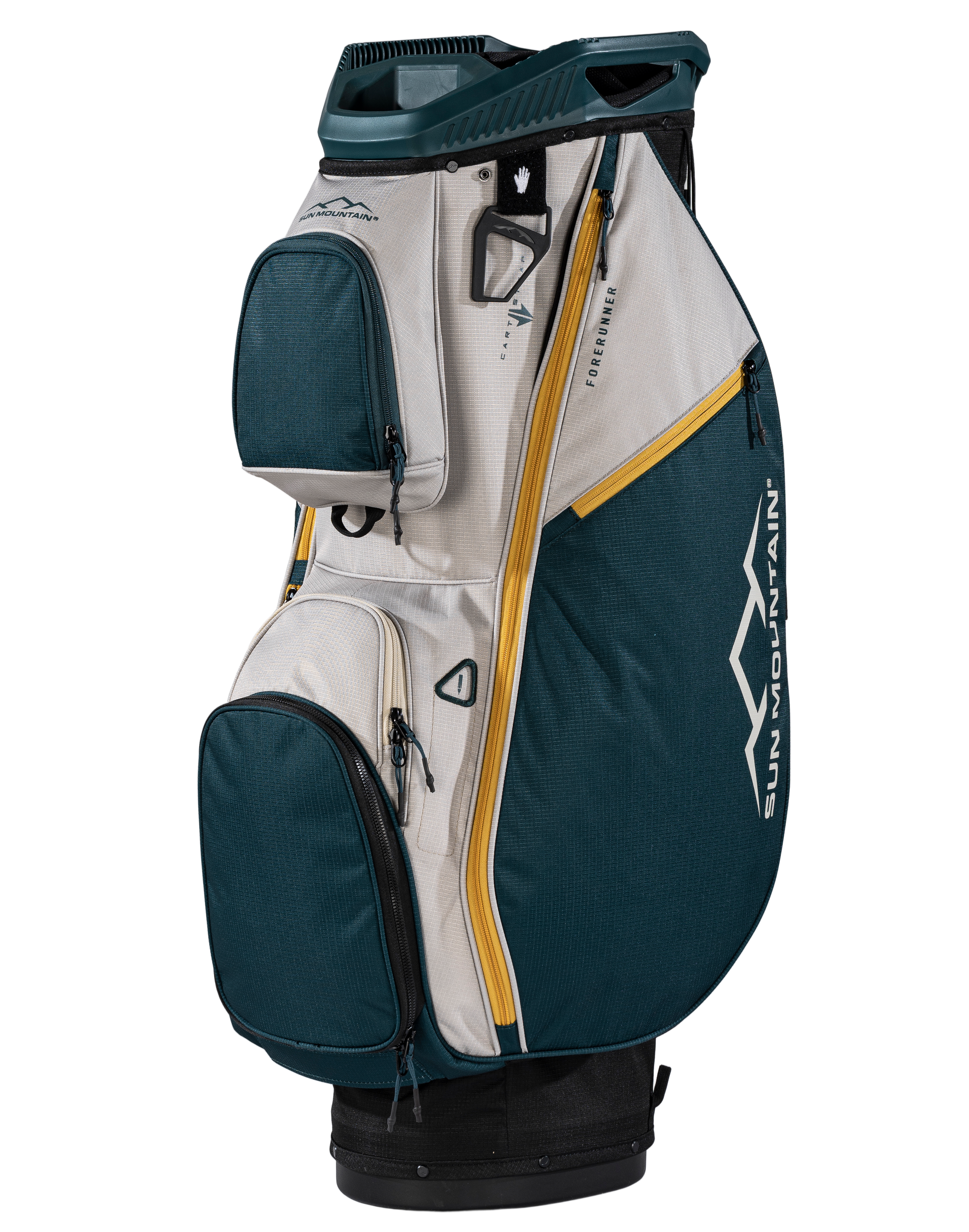 Golf bag with teal and white design on a white background