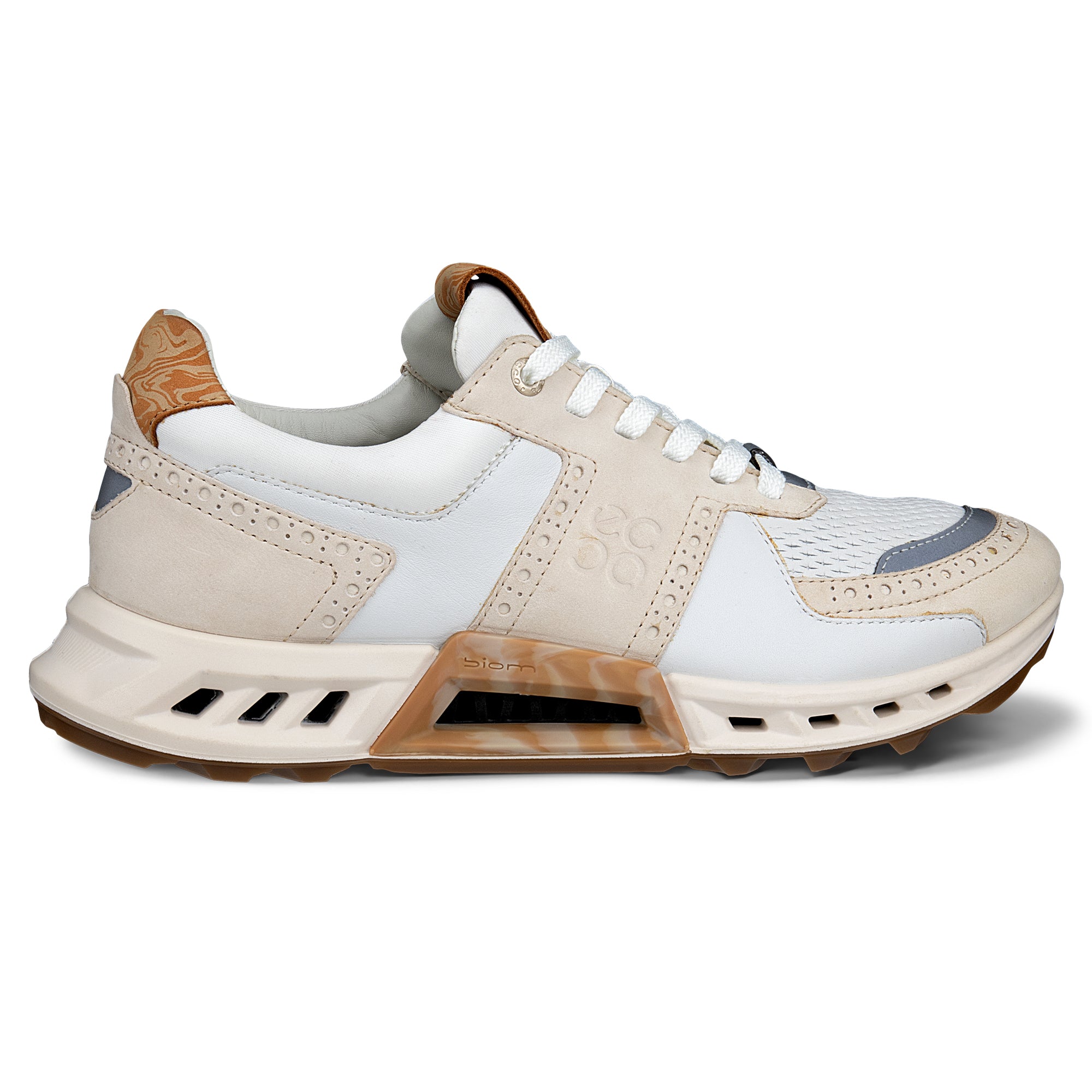 A pair of ECCO women's Biom C4 fashion golf shoes with a white, beige, and blue color scheme, featuring a low-top design, mesh sock, and a rubber outsole visible through the cut-out side.