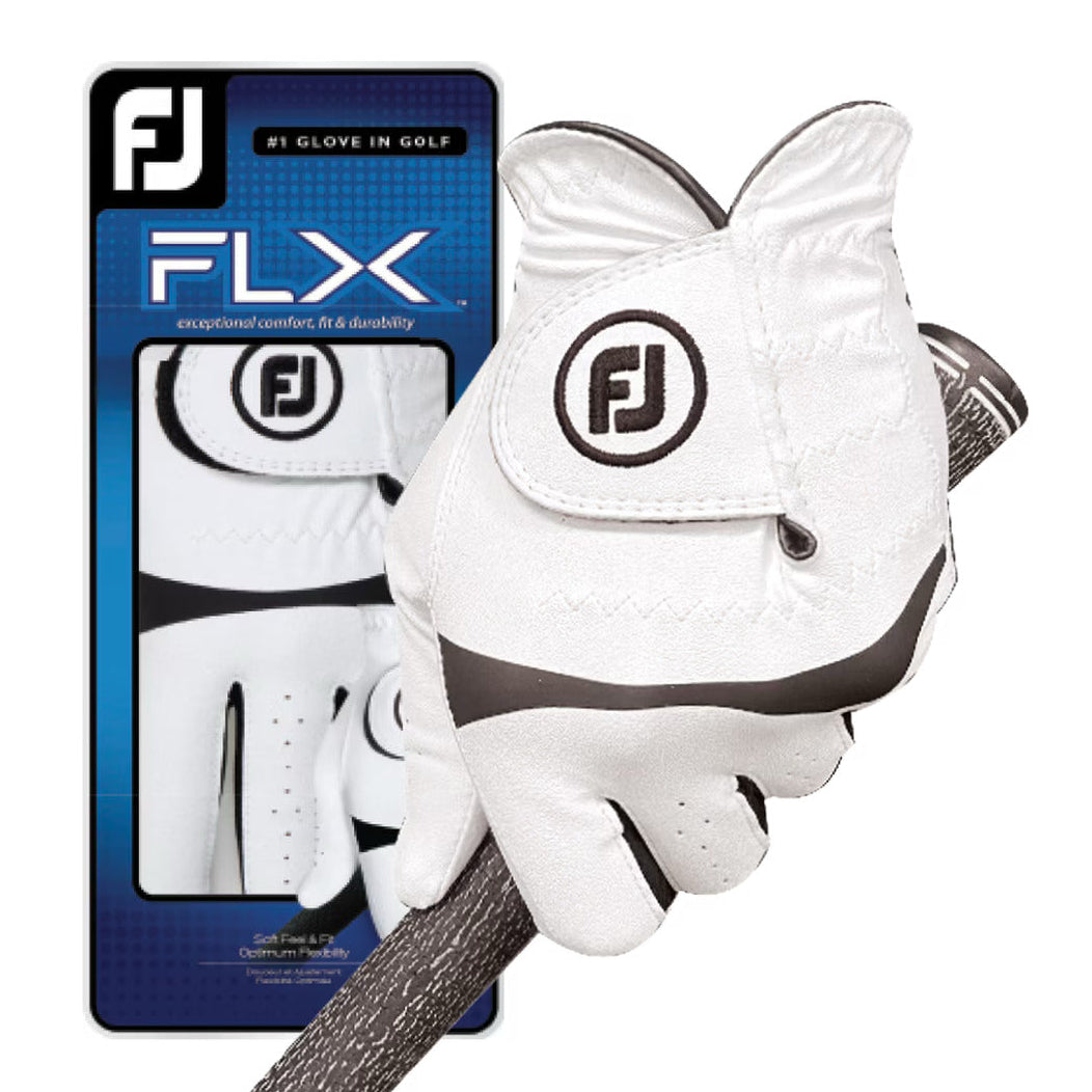 A white FootJoy FLX MRH golf glove with black detailing, displayed both on the hand and in its packaging.