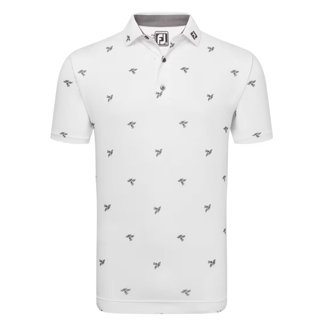 A white FootJoy Thistle Print Lisle Polo with an all-over primrose print and a FJ logo on the chest.