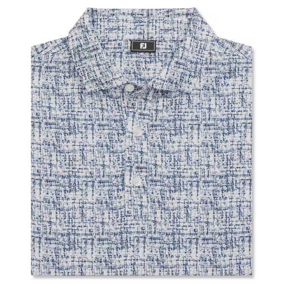Folded blue and white patterned polo shirt with a brand logo on a white background