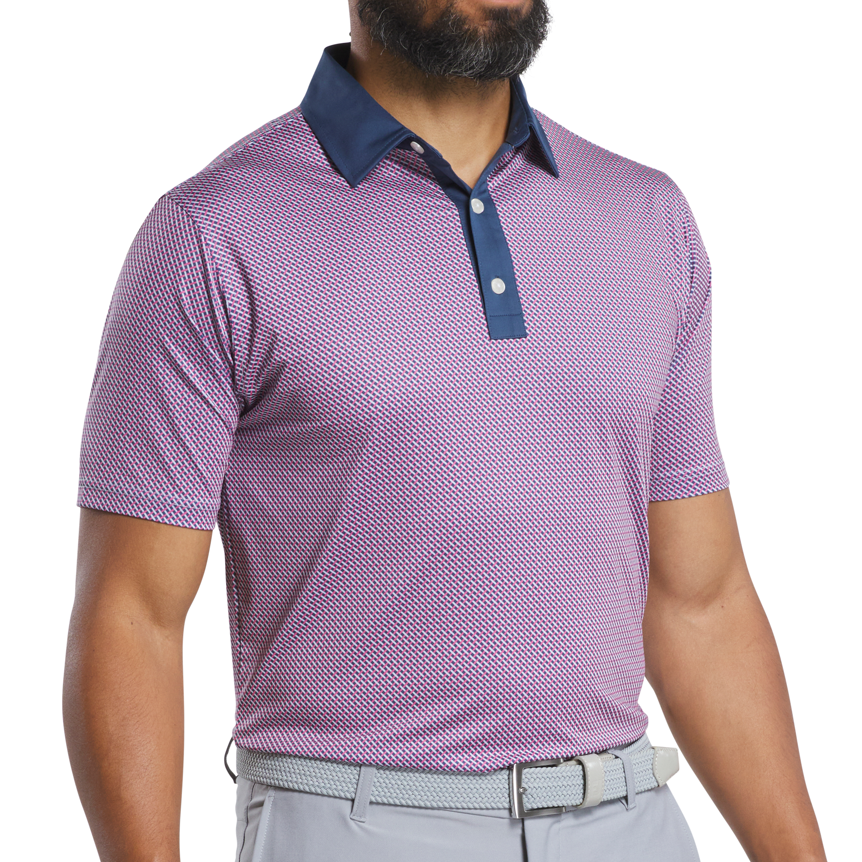 Man wearing a purple patterned polo shirt with a blue collar on a white background