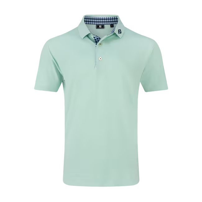 Light green polo shirt with a checkered collar on a white background