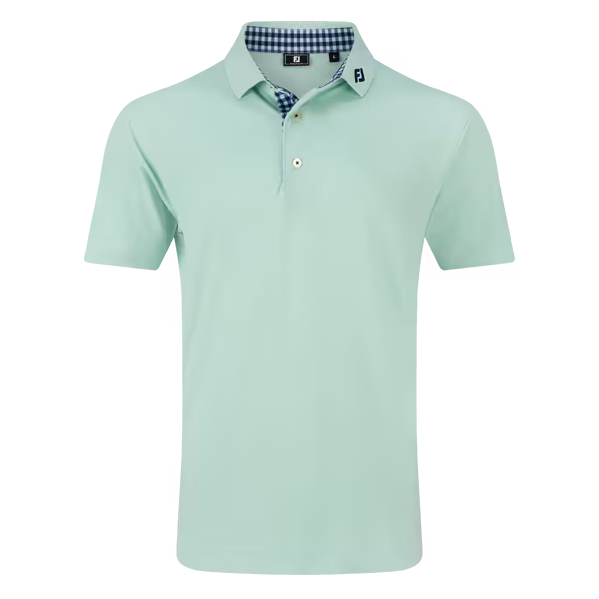 Light green polo shirt with a checkered collar on a white background