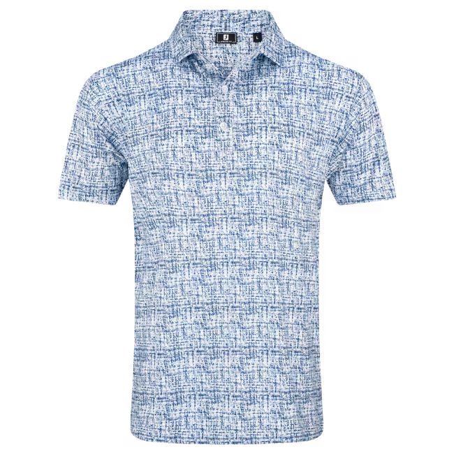 Short-sleeve shirt with blue and white pattern on a white background