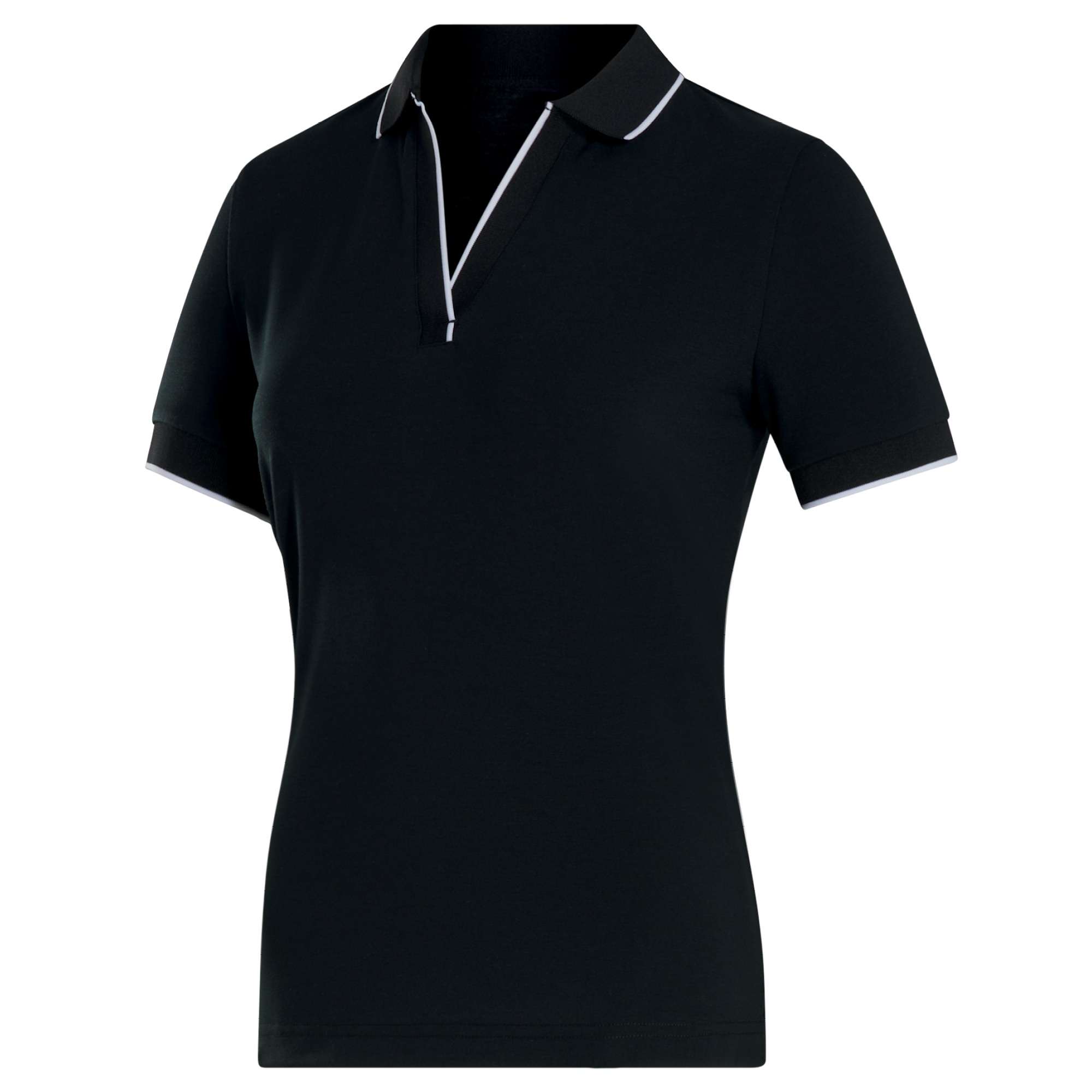 Black polo shirt with white trim on a white background