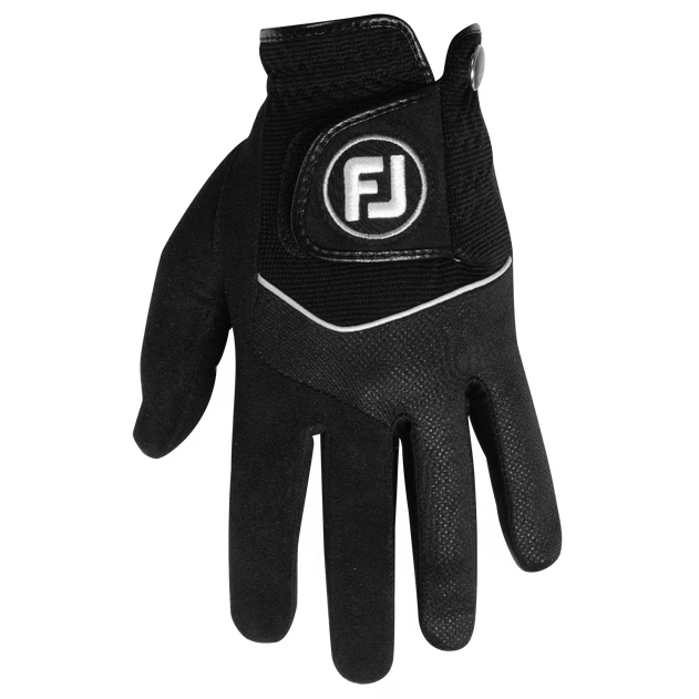 A black FootJoy men's rain golf glove with a white logo on the wrist closure.