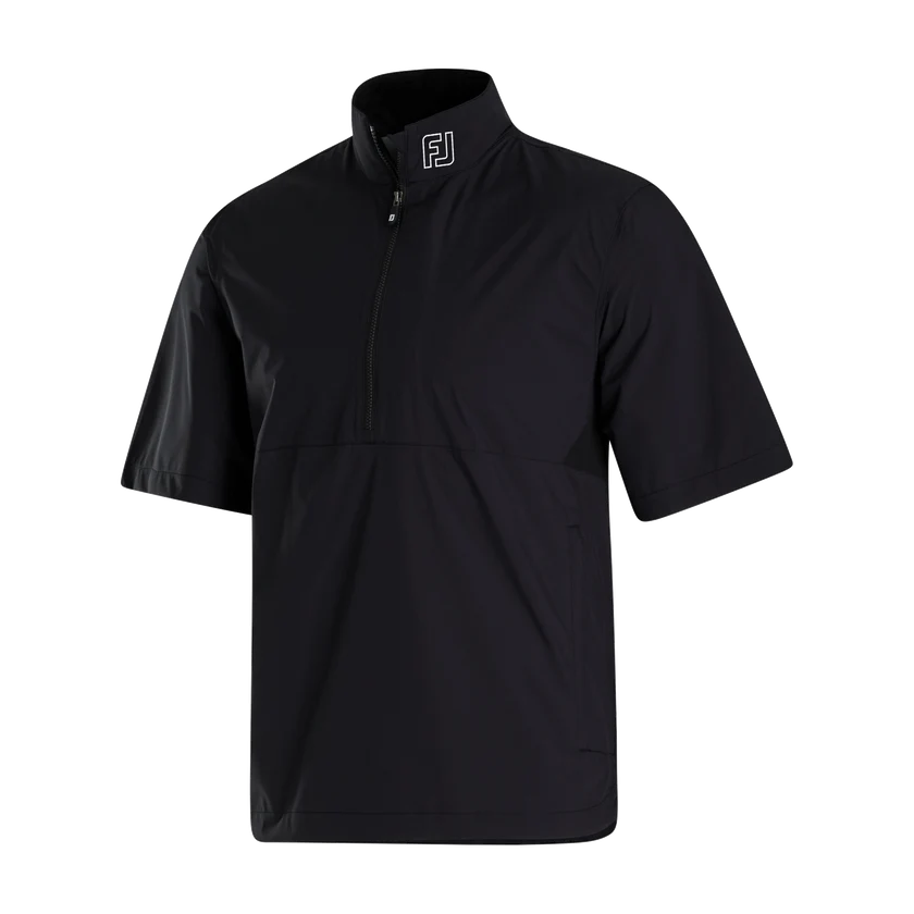 A black short-sleeve quarter-zip performance pullover with a mock neck collar, featuring a white FootJoy logo on the collar, shown on a plain white background.