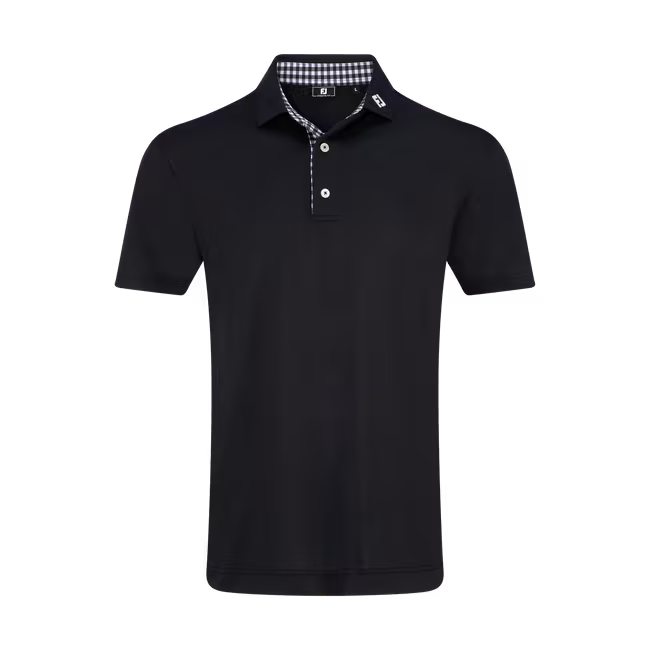 Black polo shirt with a checkered collar on a white background