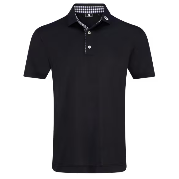 Black polo shirt with a checkered collar on a white background