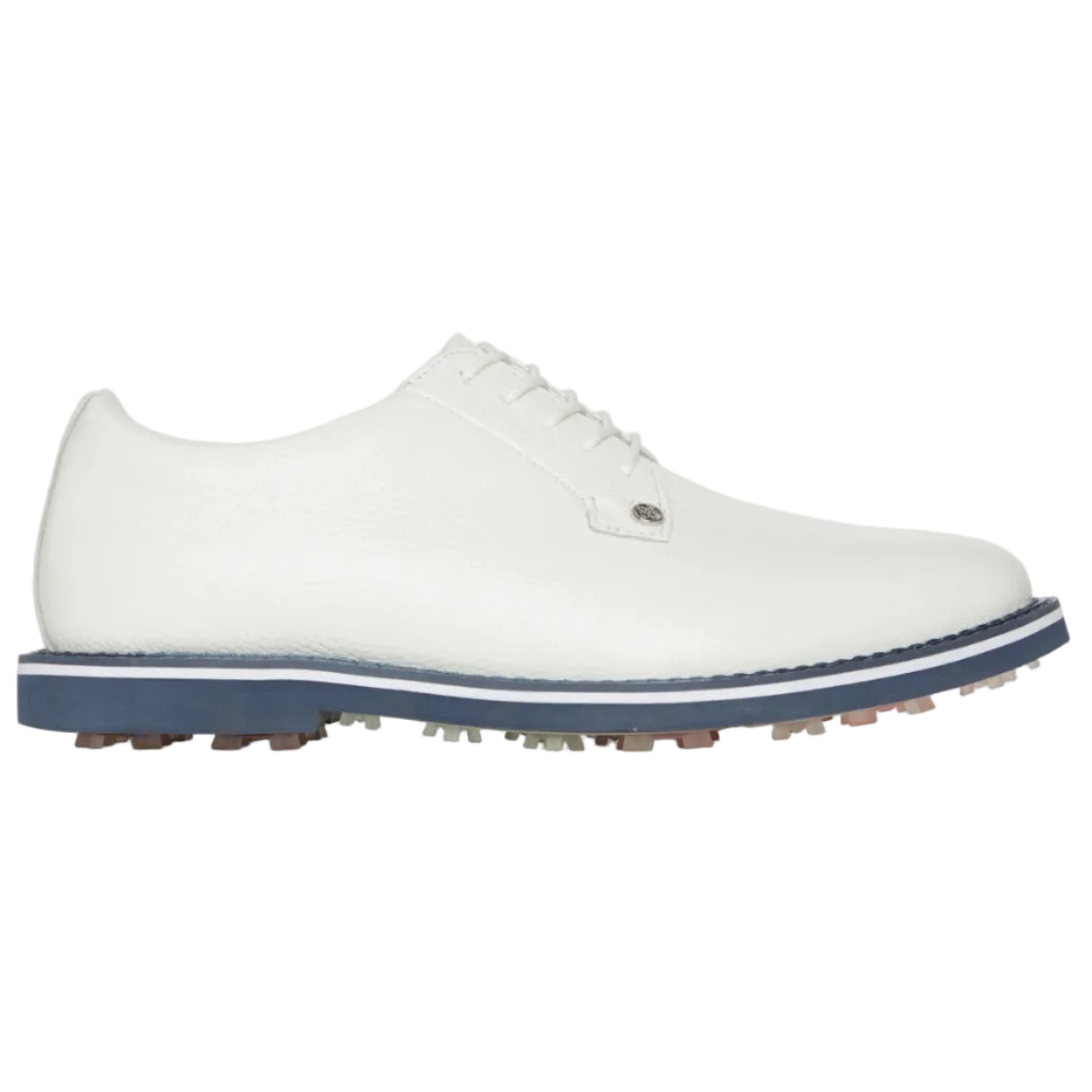 White golf shoe with a blue sole on a light gray background