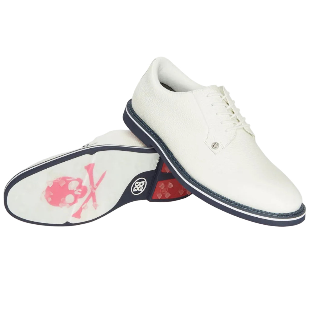 White golf shoes with red and blue accents on a white background