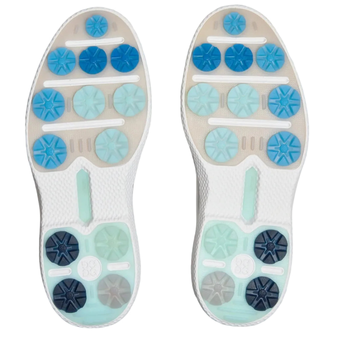 Pair of golf shoe insoles with blue and green gel pods on a light gray background