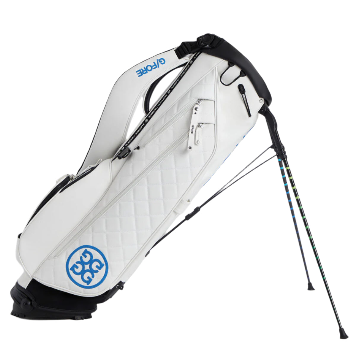 White golf bag with a blue logo on a white background