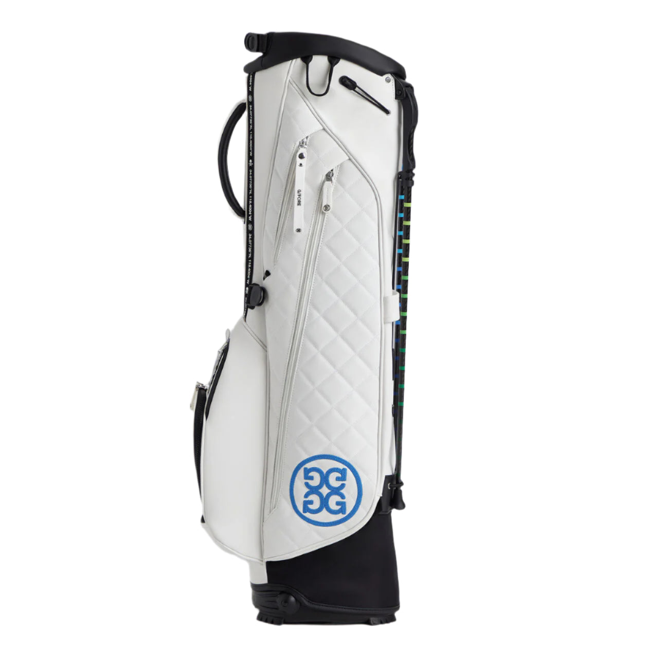 White golf bag with black accents and a blue logo on a white background