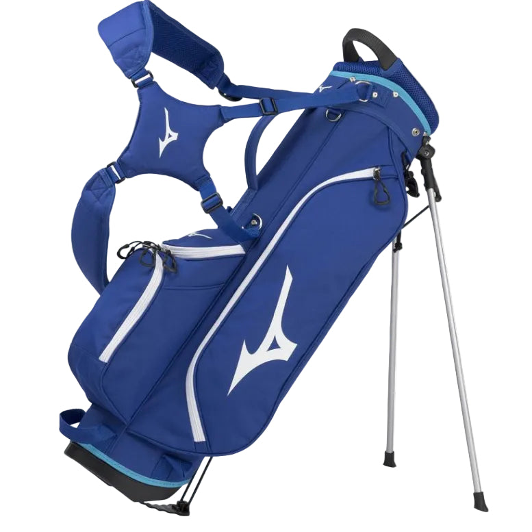 Blue golf bag with white logo on a white background
