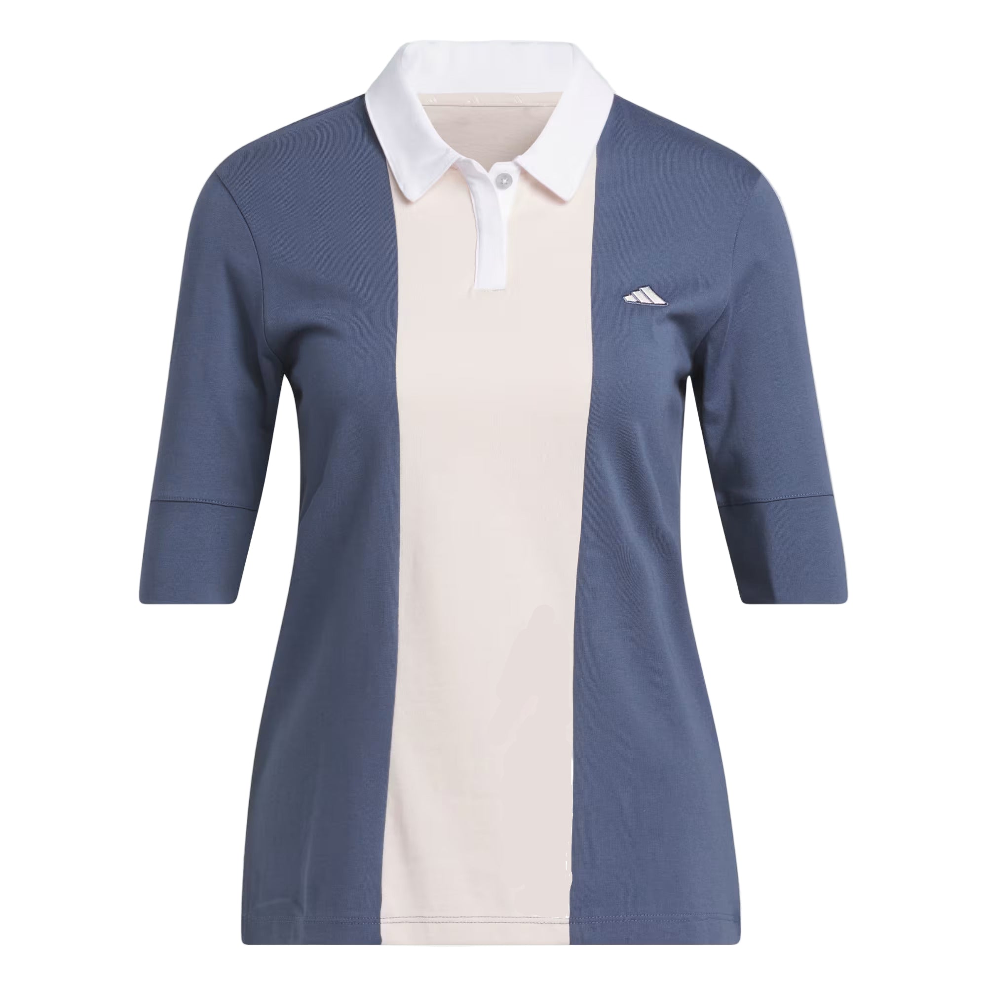 Two-tone blue and beige shirt with Adidas logo on a light gray background